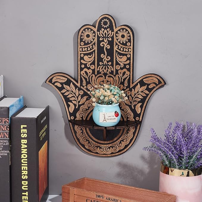 CREATCABIN Wooden Hamsa Crystal Display Shelf Hamsa Hand Wall Decor Crystal Holder Shelves Flowers Wall Mounted Floating Shelf Stand for Witch Stuff Altar Supplies Spiritual Gift Black 9.8 x 11.8Inch