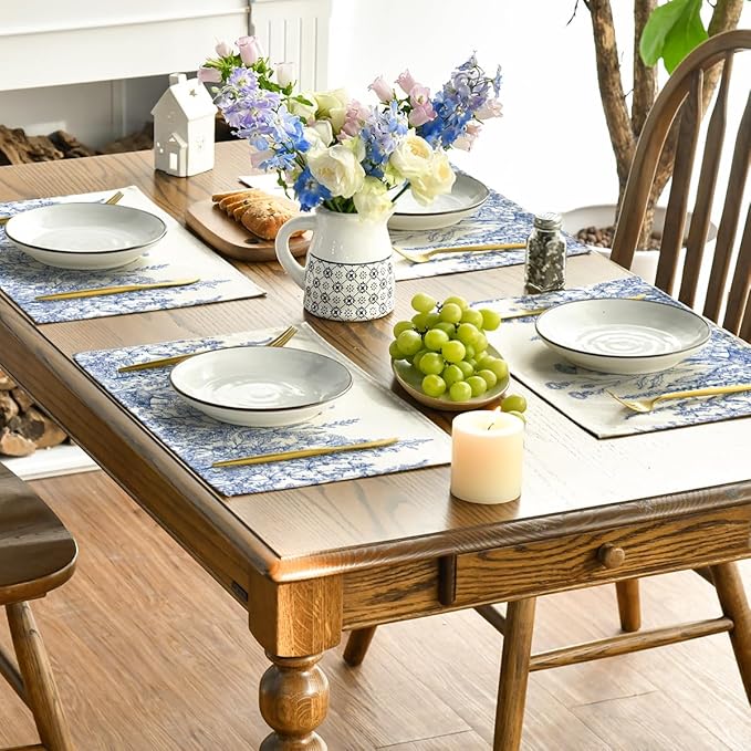 Artoid Mode Blue Antique Herbs and Wild Flowers Spring Placemats Set of 4, 12x18 Inch Seasonal Table Mats for Party Kitchen Dining Decoration