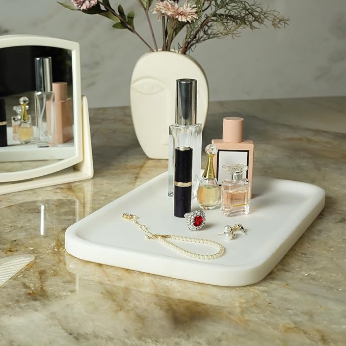 Koville Marble Vanity Tray, 12"x8" Marble Organizer Tray for Countertop Bathroom Kitchen Dresser, Rectangular Decorative Jewelry Dish for Cosmetics Perfume Trinket(White)