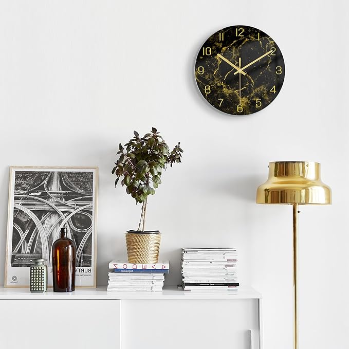 VIKMARI Black Modern Marble Texture Clock Gold Hands Rustic Kitchen Decor 12 Inch Wall Clock Battery Operated Non-Ticking Large Round Quartz Golden Decorative for Office Bedroom, Living Room