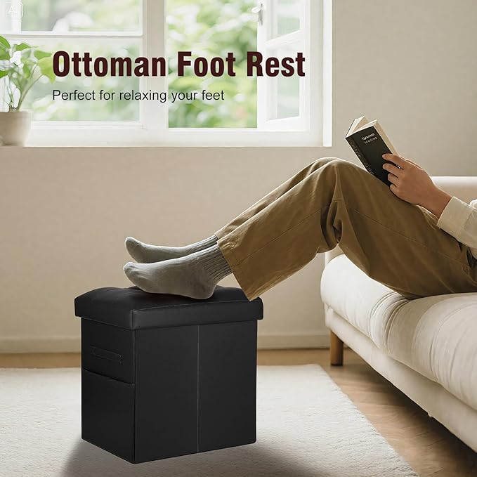 Storage Ottoman Foot Rest Stool with Thicker Foam Padded Seat. Slim Tall Folding Leather Small Ottoman with Storage Furniture for Dorm Living Room Bedroom Coffee Table 350 lbs, 17x13x17in, Black