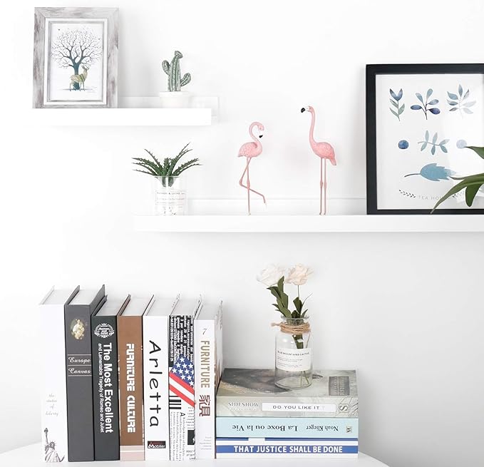 Natural Bamboo Floating Shelves Wall Mounted Rustic Wood Wall Shelves Wooden Wall Storage Organizer Home Decor Living Room Kitchen Bedroom (White,13.8 in)