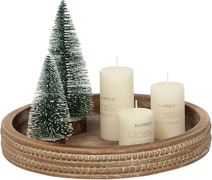 Carah & Cossh 12'' Round Wooden Tray, Whitewashed Round Decorative Wood Tray, Round Farmhouse Rustic Decorative Tray, Perfect for Storage and Display (Rustic Brown)