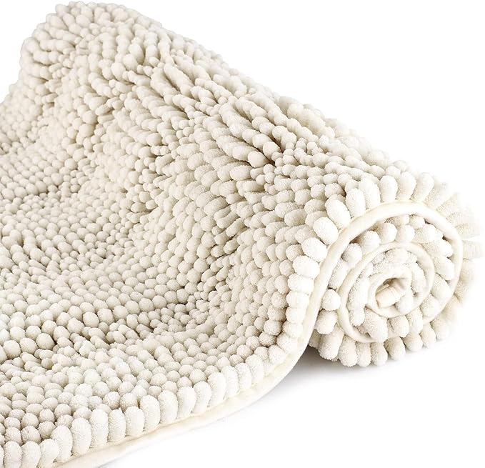 Bath Mat for Bathroom Ultra-Soft Machine Washable Rugs for Shower Room with Non-Slip Backing Shaggy Absorbent Luxury Chenille Bath Rug Perfect for Tub Sink Bedroom Door (20"x32", Ivory White)