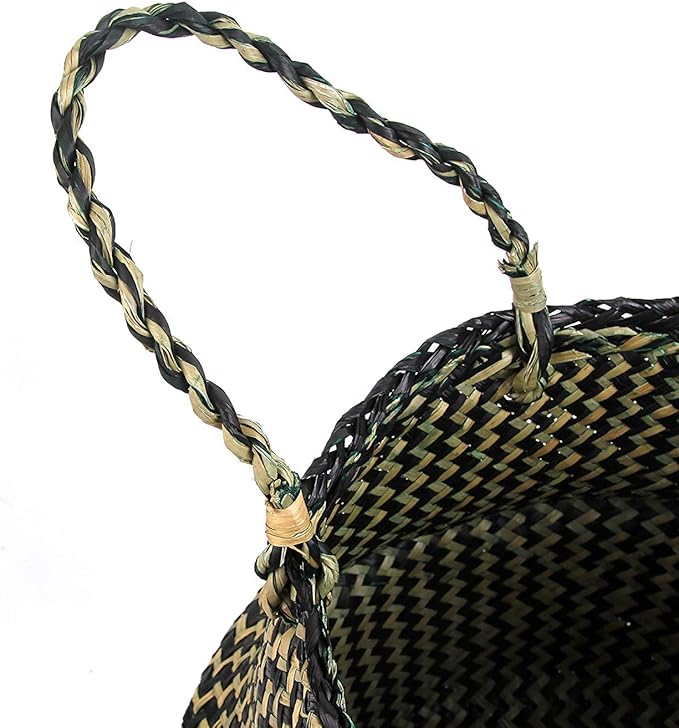 Woven Seagrass Belly Basket for Storage Plant Pot Basket and Laundry, Picnic and Grocery Basket (Large, Black Strips)
