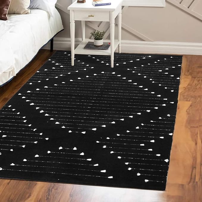 LIVEBOX Boho Black Rug 5' x 7' Large Washable for Living Room,Moroccan Cotton Bedroom Indoor Outdoor Throw Area Thin Carprt for Dining Room Balcony Porch