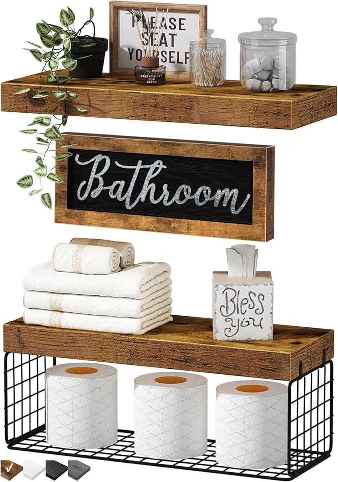 QEEIG Bathroom Shelves Over Toilet - Paper Storage Wall Mounted Farmhouse Decor Decorations Aesthetic Décor Sign Small Floating Shelf 2+1 Set 16 inch, Rustic Brown (020BN)