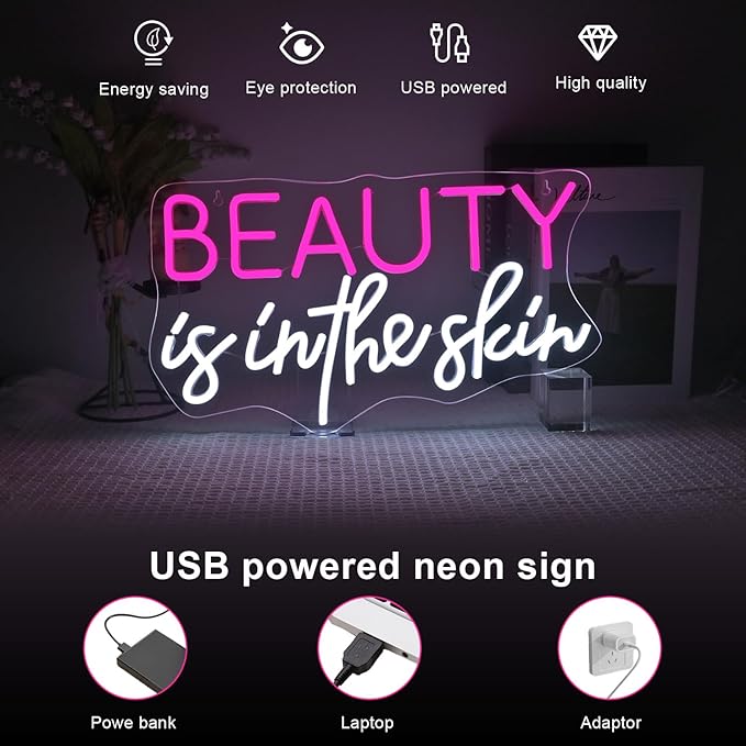 Lucunstar Beauty Is In The Skin Neon Sign,LED Neon pink cool white letters for facial spa wall neon for girl's room wall decoration beauty salon sign skincare salon beauty shop decoration
