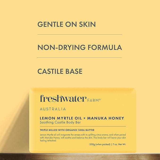 Soothing Castile BODY BAR | Lemon Myrtle Oil + Manuka Honey | Natural Ingredients | Triple-Milled Soap Bars With Organic Shea Butter