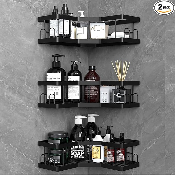 Shower Caddy Organiser - 3 Pack Rust-Resistant Black Shower Shelves, No Drilling Adhesive Mount, Soap Holder - Bathroom Storage Accessory