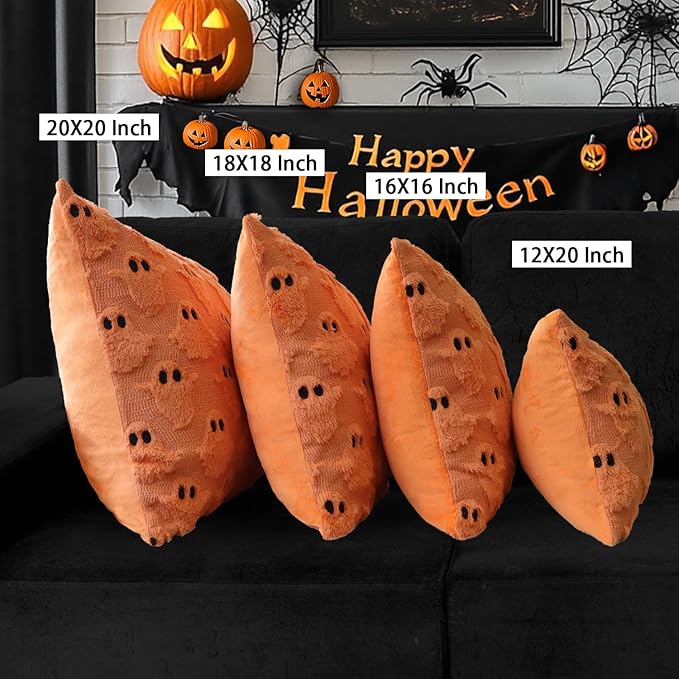 4TH Emotion Halloween Ghost Decorative Lumbar Pillow Covers 12x20 Set of 2, Orange Soft Plush Faux Fur Farmhouse Throw Cushion Cases for Fall Autumn Holiday Home Decorations