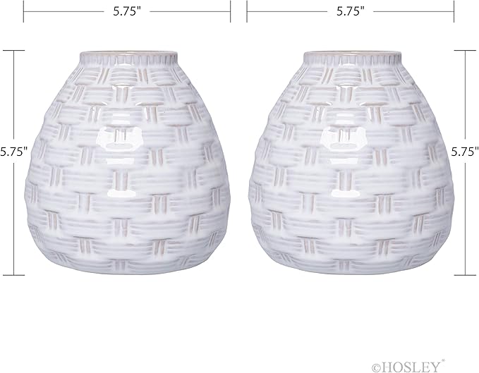 Hosley Set of 2 White Weave Ceramic Vases 5.75 Inch High. Ideal Gift for Home Weddings Party Spa Meditation Home Office Reiki Meditation Floral Arrangements W5