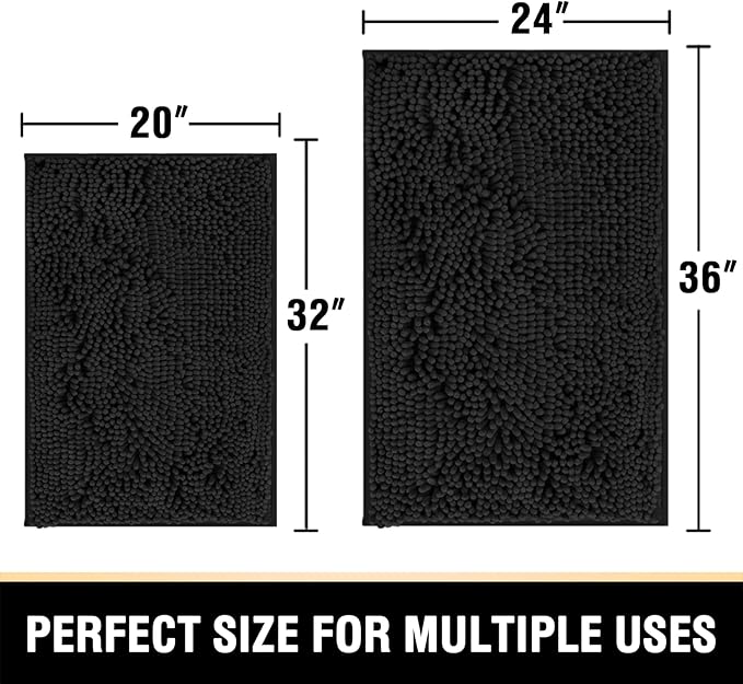 H.VERSAILTEX Bath Mat Sets, Non Slip Luxury Chenille Bathroom Rugs, Extra Soft Absorbent Shaggy Mat, Fast Dry - 2 Piece (Black, 24" x 36"/20" x 32")