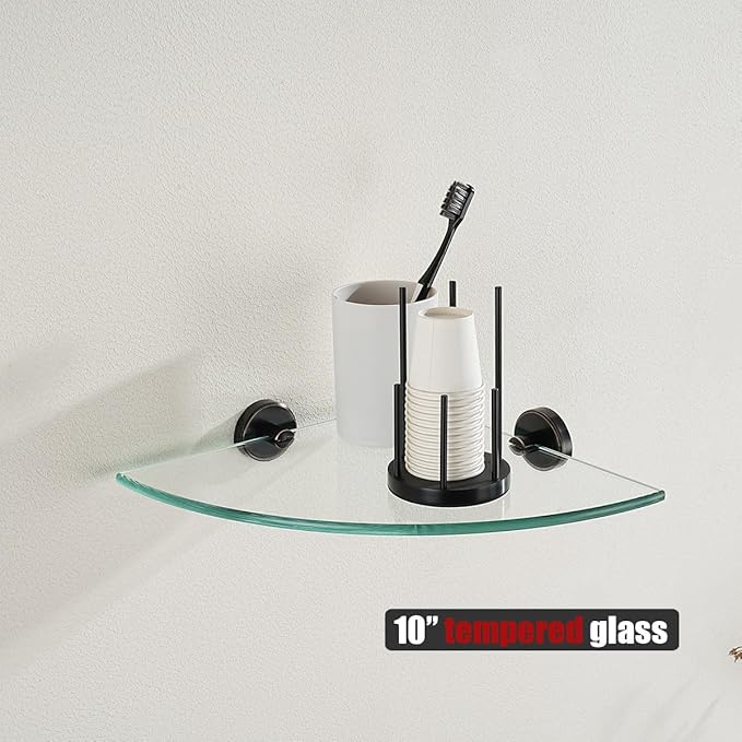 JQK Corner Glass Shelf, Oil Rubbed Bronze Bathroom 304 Stainless Steel Shower Triangle Floating Wall Shelf, 10 x 10 Tempered Glass, 2 Pack, TGS190L10-ORB-P2