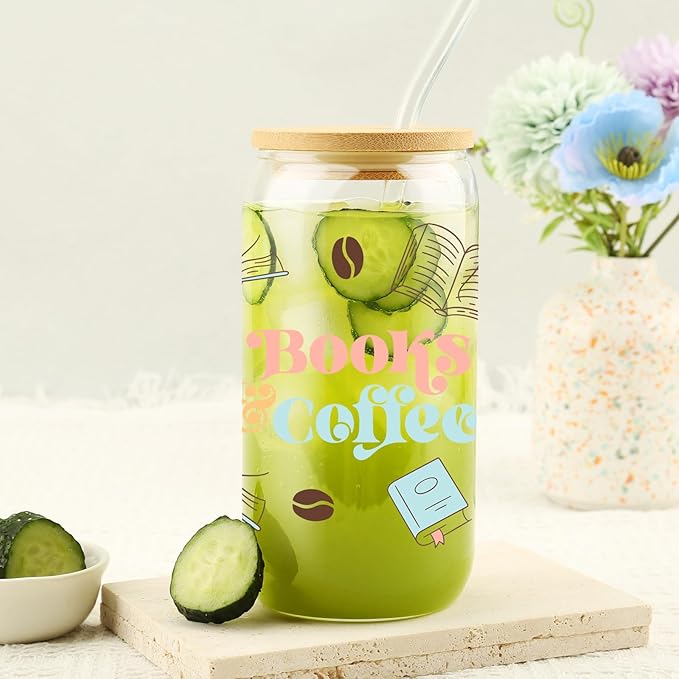 Book Lover Gift, Books & Coffee Glass Tumbler 16 oz, Gifts for Her, Bookish Gifts, Bookworm Club Gift, Secret Santa Present, College Birthday Reading Presents, Iced Coffee Glass with Lid and Straw