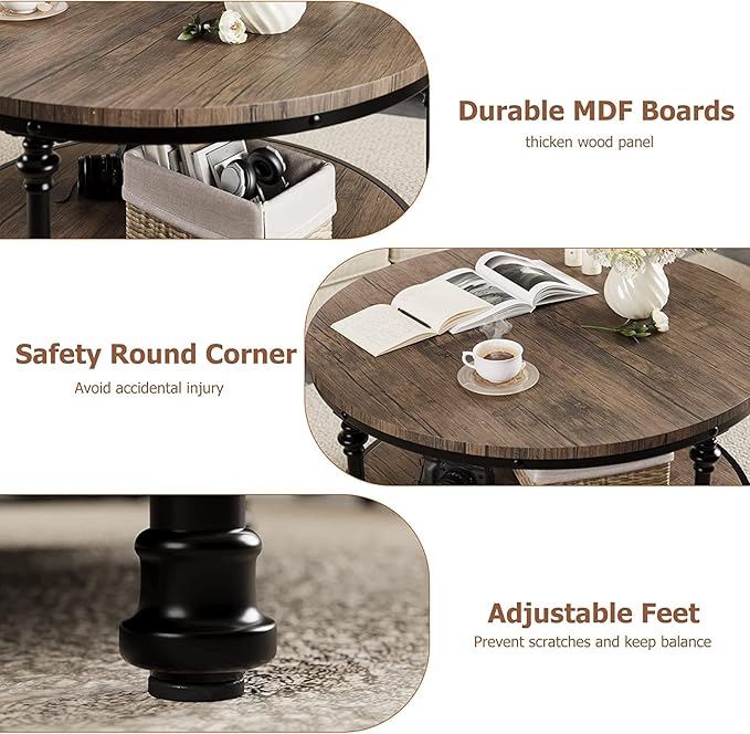 IDEALHOUSE Round Coffee Table for Living Room Rustic Center Table with Storage Shelf Wood Circle Coffee Table with Sturdy Metal Legs, Easy Assembly
