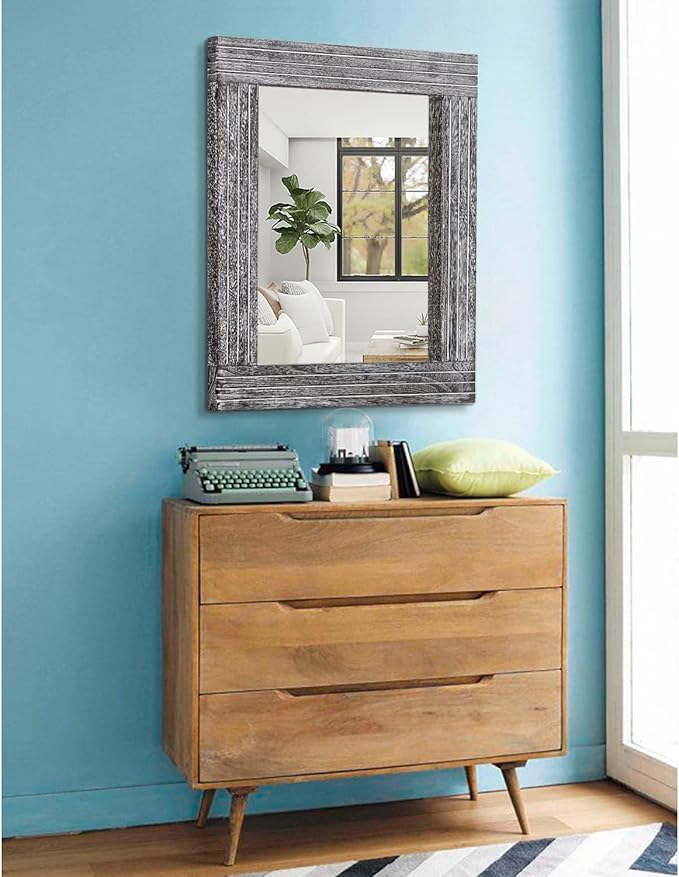 Rustic Wall Mirror Farmhouse, with Frame Wood Wall Mirror Rectangle Antique Decor Hanging Mirror for Bathroom Living Room Bedroom Entryway Large 20"x16"