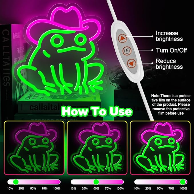 Frog Neon Sign for Wall Decor,Dimmable Frog with Cowboy Hat Neon Light,Pink Green Animal Light Up Signs for Bedroom Party Bar Background Decoration