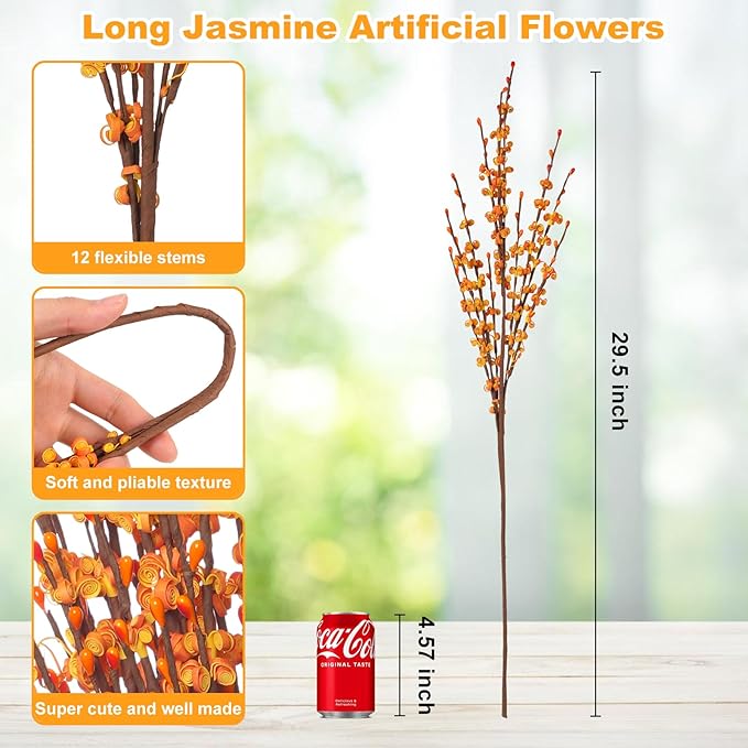 5 Pcs 29.5" Long Fake Fall Flowers Burnt Orange Jasmine Fall Floral Stems for DIY Wedding Bouquets, Thanksgiving, Autumn Home Parties, Xmas Table Centerpieces, Fireplace Vase Decorations
