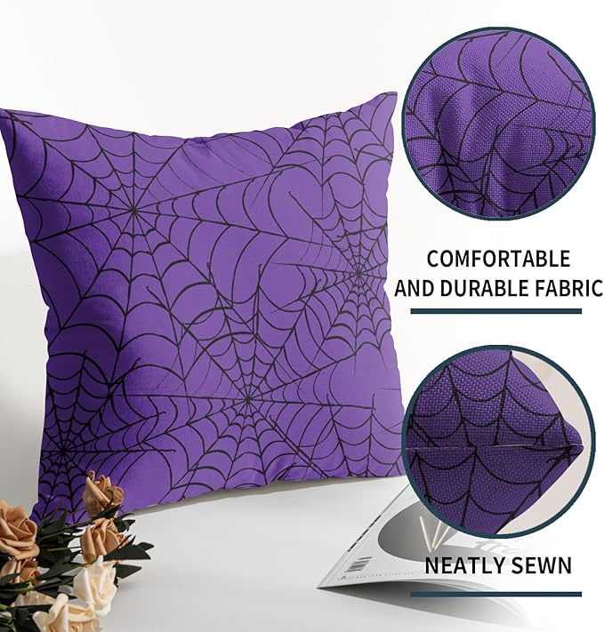 Purple Halloween Spiderweb Pillow Covers 20x20 Set of 2 Black Web Outdoor Decorative Throw Pillows Halloween Scary Themed Farmhouse Pillowcases Linen Cushion Case Decor for Home Sofa Couch Bed