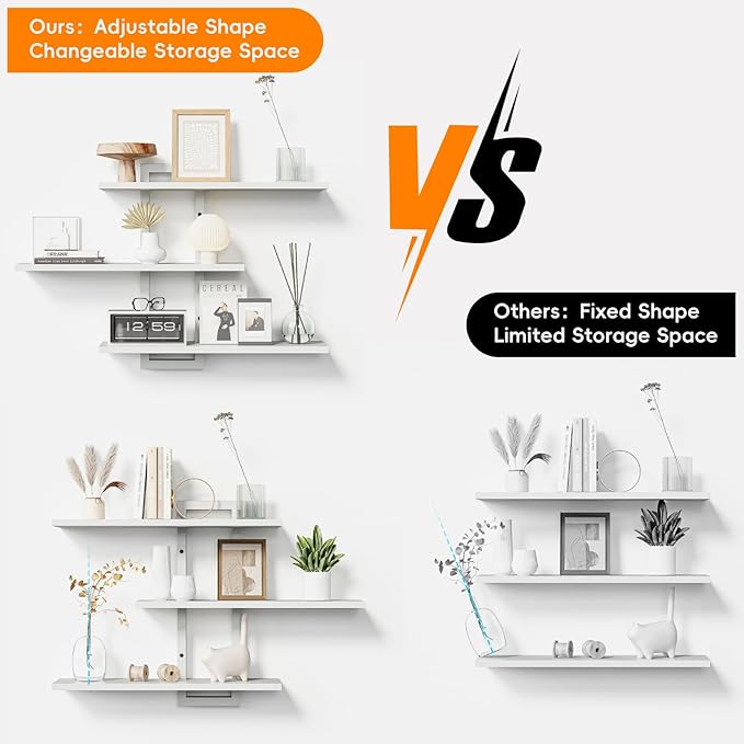 Homode Floating Shelves, Set of 3 Wooden Hanging Shelves for Bathroom and Bedroom Storage, Decorative Wall-Mounted Display Shelf for Plants, Books, Pictures, White