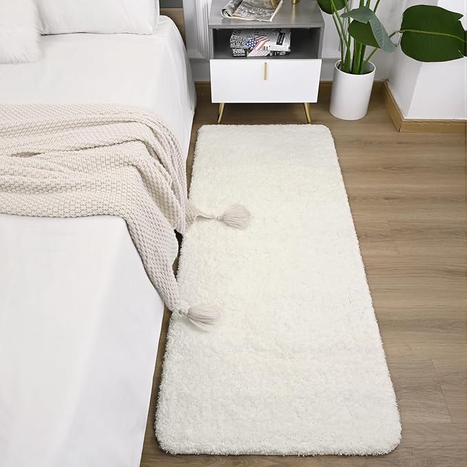 AROGAN Cream White Luxury Long Bathroom Runner Rug 24×60 Inch, Soft and Absorbent Non Slip Bath Mat, Rubber Backing Quick Dry Rugs Carpets, Machine Washable Plush Mats for Shower Floor