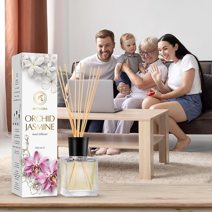 Reed Diffuser Orchid-Jasmine 3.4 Fl Oz - Fresh & Long Lasting Fragrance - Gift Set with 10 Bamboo Sticks - Good for Aromatherapy - Spa - Home - Kitchen - Bath - Office