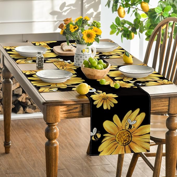Artoid Mode Sunflower Bee Summer Placemats Set of 6, 12x18 Inch Seasonal Spring Table Mats for Party Kitchen Dining Decoration