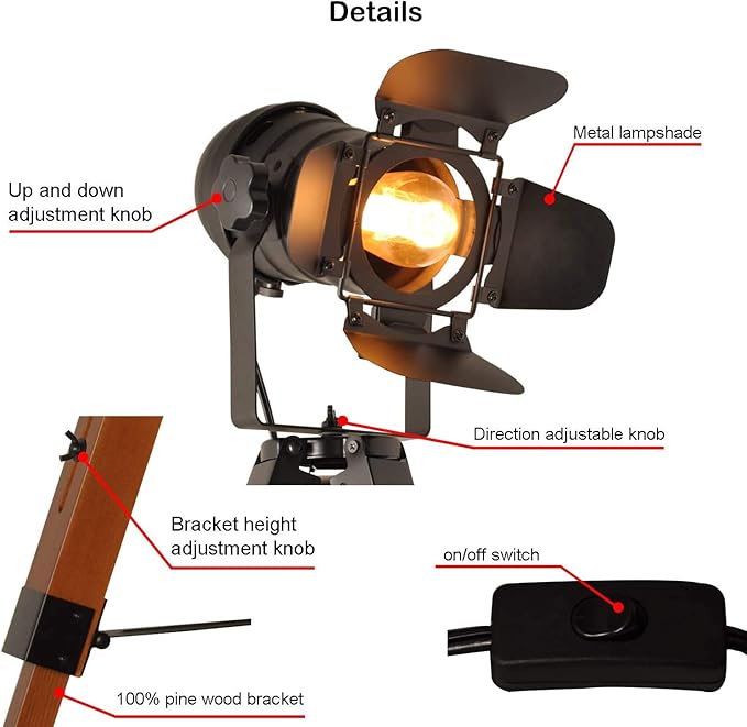 Industrial Tripod Table Lamp for Living Room Wood Standing Large Lighting Black Adjustable Cinema Metal Lampshade Studio Lights E26 Socket Farmhouse Retro Desk Lamps for Bedroom Office Reading