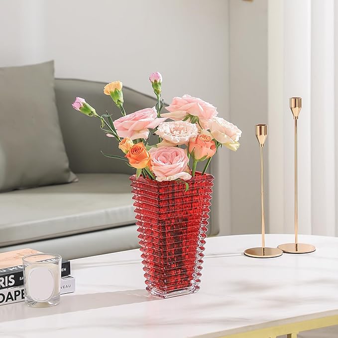 MCMCNCUIU Crystal Vase, Large Crystal Vases for Flowers, Large Flower Vase, Modern Red Vases for Living Room, Bedroom, Kitchen, Dining Table, Mantle, Wedding, 11 Inches