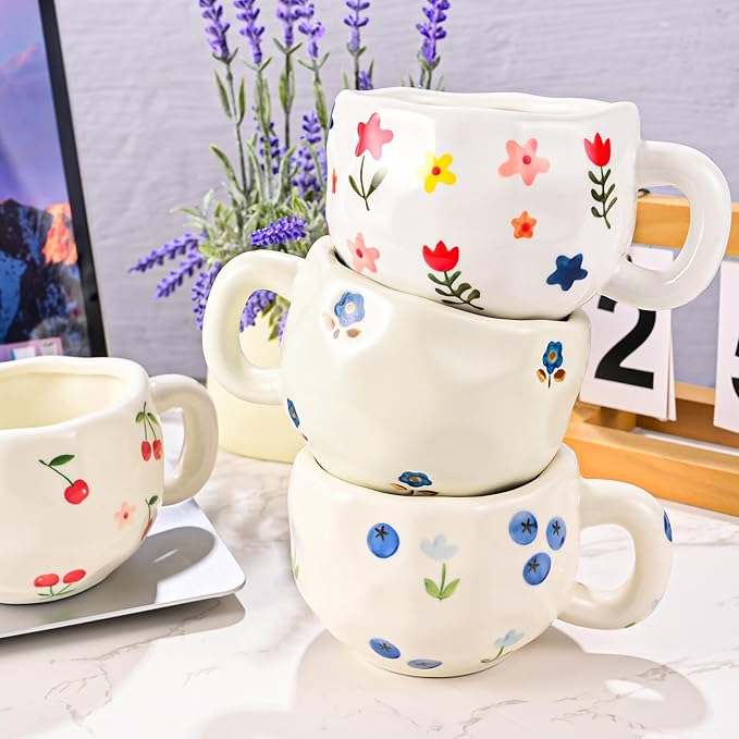 4 Pcs Ceramic Coffee Mugs Set of 4, 10 oz Hand Painted Floral Mug Cute Flower Cup Aesthetic Latte Art Cups for Office and Home Vintage Tea Cup for Cappuccino, Cocoa, Espresso - Microwave Safe