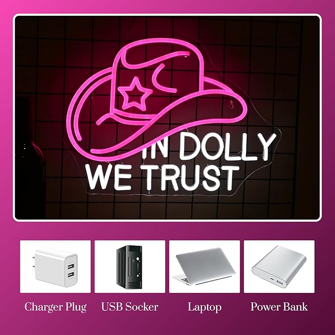In Dolly We Trust Neon Sign Dimmable Cowgirl Hat Led Signs for Wall Decor LED USB Powered Western Retro Style Neon Light Sign for Club Home Party Bar Girls Bedroom Decoration Birthday Gifts