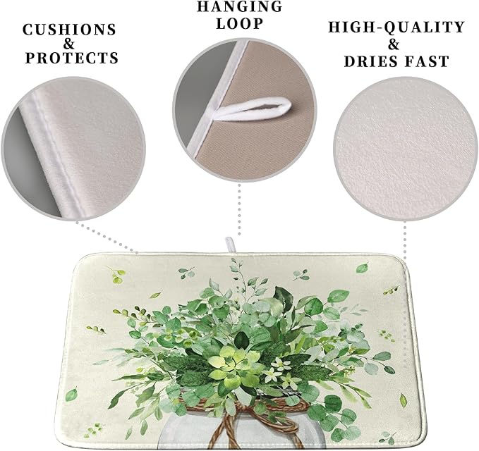 Spring Sage Green Leaves Dish Drying Mat for Kitchen Counter Eucalyptus Leaf Floral Mason Jar Dishes Drainer Mats Absorbent Microfiber Dish Draining Mat Reversible Dish Pad 16x18 Inch