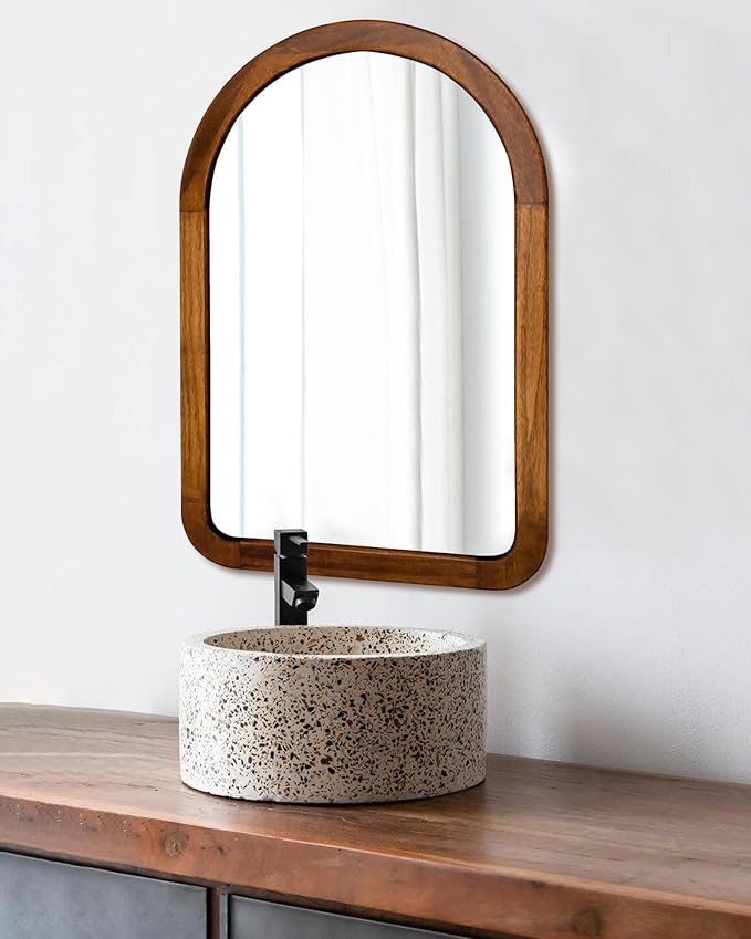 Arched Mirror 22 x 30 Inch,Brown Wood Rustic Bathroom Tempered Wall Mirror with Wood Frame,Round Corner Arch Farmhouse Wooden Vanity Mirror for Living Room,Entryway or Bedroom(Walnut Brown)
