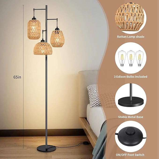 Boho Floor Lamp for Living Room Bedroom - Farmhouse 3 Rattan Wicker Shades, Rustic Black Vintage Standing Light 68" Tall Tree for Office, Reading, Corner