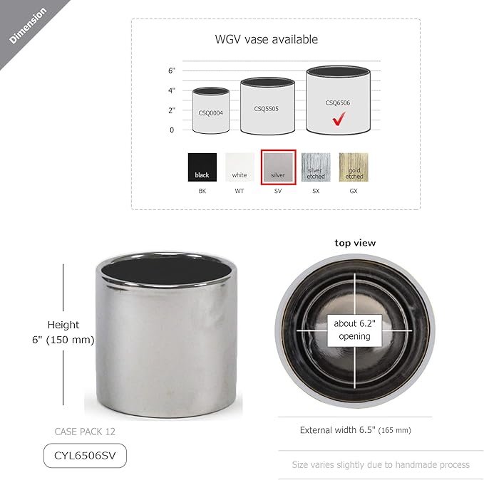 WGVI Silver Ceramic Cylinder Vase Width 6.5" Height 6", Flower Arrangements, Candle Holder, Terrarium Planter Pot, Storage Container Organizer, Pen Brush Holder, Smooth Silver Tabletop Decor, 6 Pc