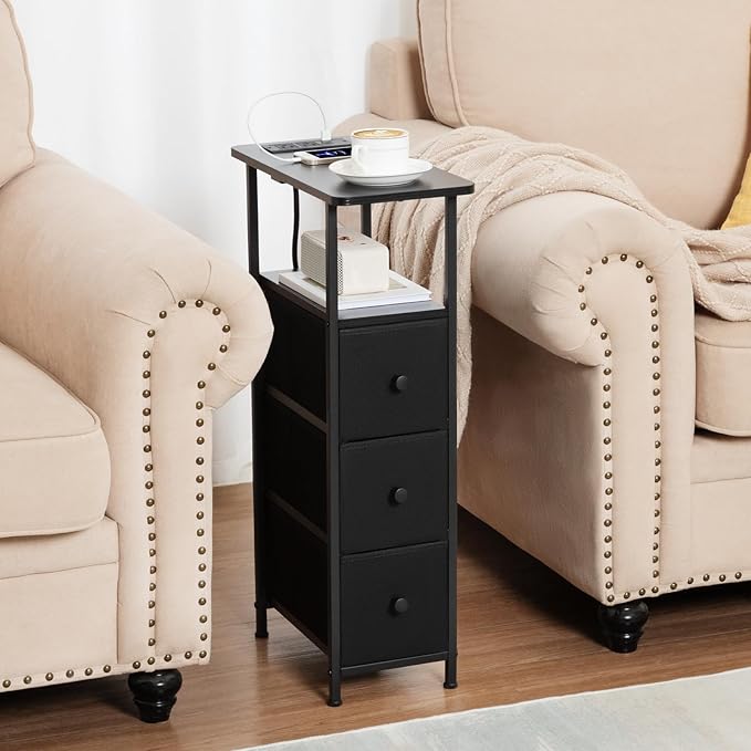 Narrow End Tables Living Room Set of 2 with Charging Station, Skinny Side Table with Fabric Drawers, Slim Nightstand for Bedroom, Small Spaces, Couch, Black, HETNDP03BK
