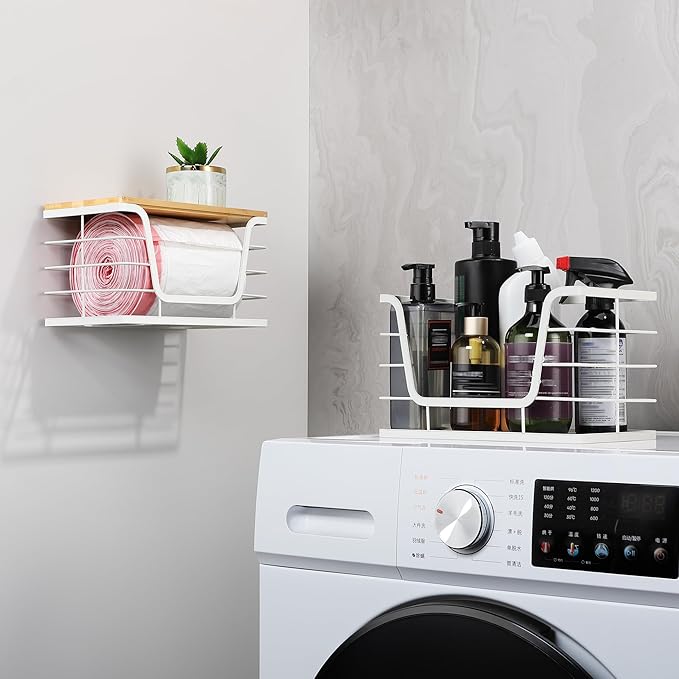 2 Pack Extra Large Trash Bag Holder with Bamboo Top, Wall Mount Stainless Steel Organization and Storage for Kitchen Sink, White