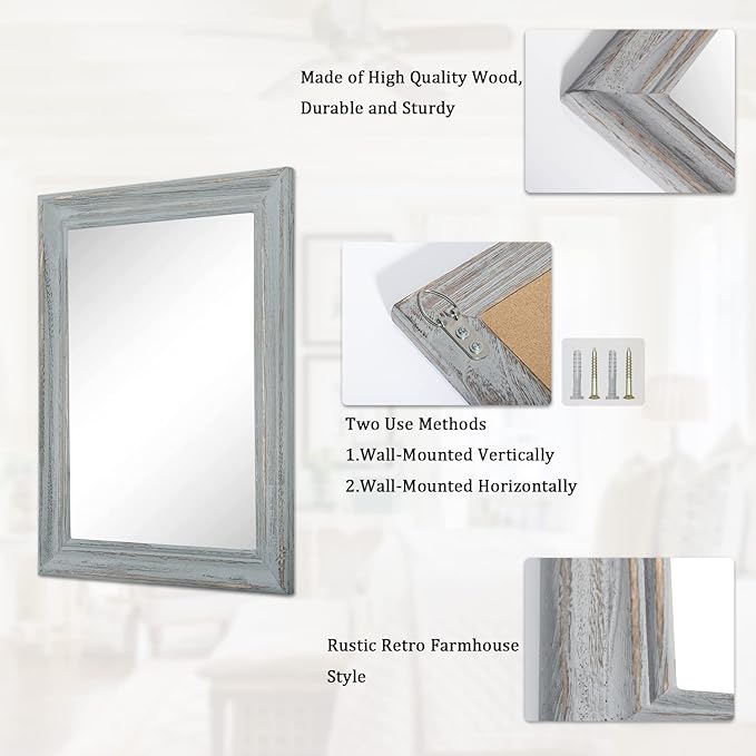 Rectangle Wooden Mirror with Framed Retro Hanging Mirrors Large 20"x16" for Bathroom Bedroom Living Room Home Entryway