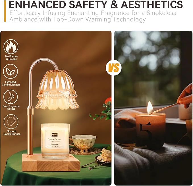 Candle Warmer Lamp with 3 Bulbs, Adjustable Height Dimmable Candle Warmer with Timer, Compatible with Large Jar Candles, Flower Candle Warmer with Charming Gift Box Ribbon(Light Yellow)