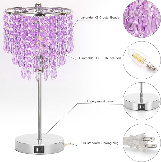 USB Bedside Crystal Lamp, 3 Way Dimmable Touch Nightstand Lamp with Dual USB Charging Ports, Lavender Table Lamp Decorative Accent Lamp Silver for Bedroom, Living Room, Office, B11 LED Bulb Included