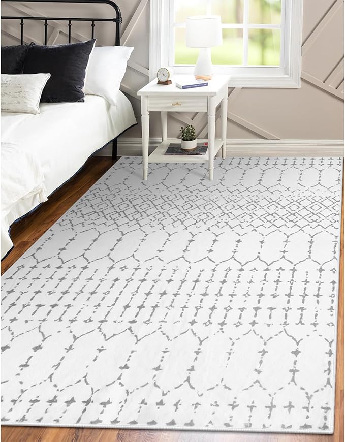 Lahome Moroccan Living Room Area Rug - Washable Rugs 5x7 Non-Slip Soft Throw Rugs for Bedroom White Lightweight Large Rug, Modern Geometric Print Low-Pile Capet for Classroom Office Dining Room(White)