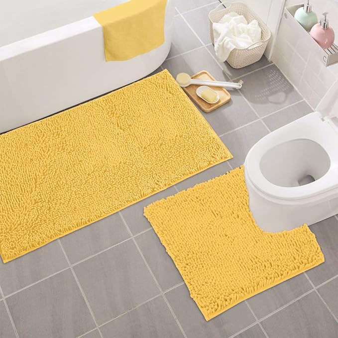 Bathroom Rugs Sets 2 Piece, Luxury Chenille Bath Mat Set, Soft Plush Anti-Slip Bath Rug + U-Shaped Toilet Mat. Microfiber Shaggy Carpet, Super Absorbent (24” x 36” & 20” x 24” U, Yellow)