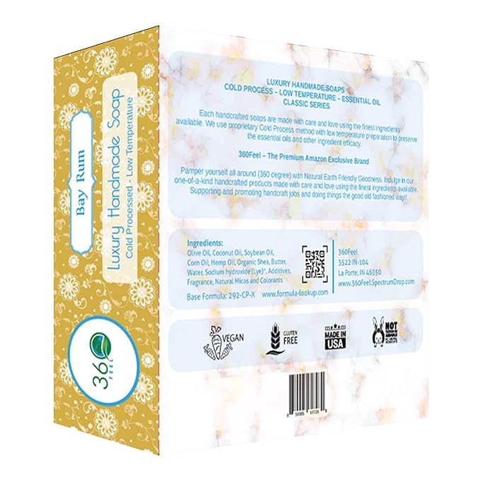 360Feel Bay Rum Soap - Handcrafted Castile Soap Bar with Spicy Scent - Handmade with Bay Rum Essential Oil for Men - A Gift for Anniversaries, Weddings, and Holiday Stockings - Rich Lather - 5 Ounce