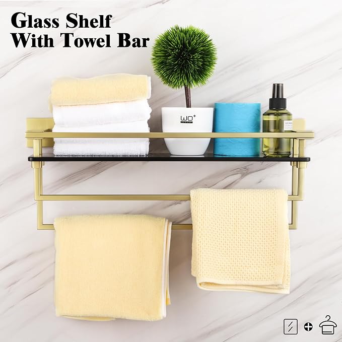 Bathroom Glass Shelf with Bars 20-Inch Floating Tempered Glass Shelves with 2 Towel Rails Cologne Shelf for Men Shower Bath Storage Glass Rack Wall Mount Heavy Duty Black and Gold,A7617GK