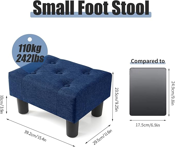 BRIAN & DANY Small Foot Stool, Linen Foot Stools with Legs, Stable Small Footstool for Living Room, Blue