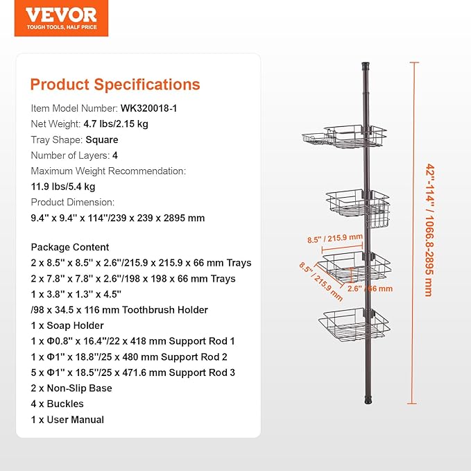 VEVOR Shower Corner Caddy Tension Pole, 42" to 114" High, Multi-Functional Shower Tension Pole with Strong Load-Bearing Tray, Rust-Proof Easy-to-Install, Fit for Bathroom & Washroom