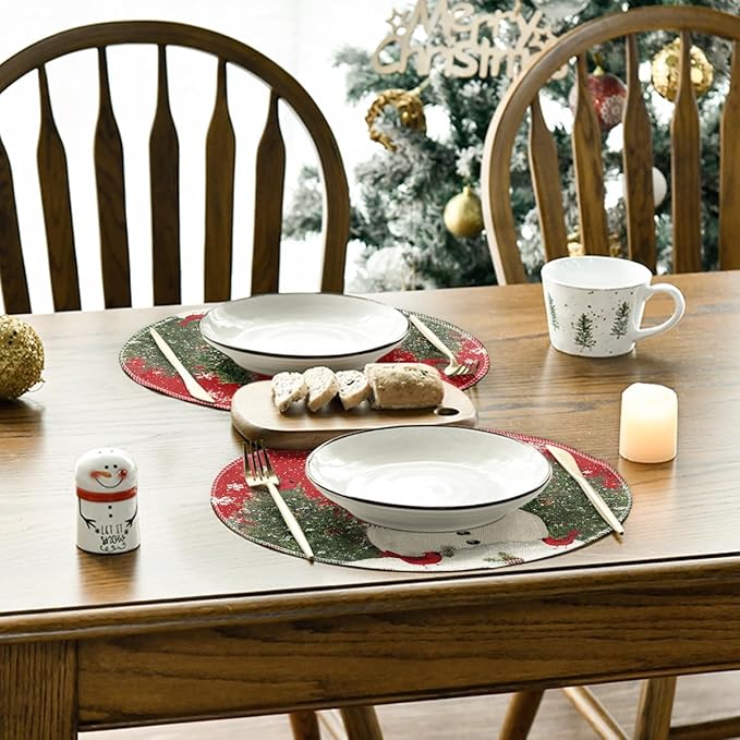 Artoid Mode Snowman Trees Snowflakes Christmas Round Placemats Set of 4, 14 Inch Winter Round Table Mats for Dining Decoration