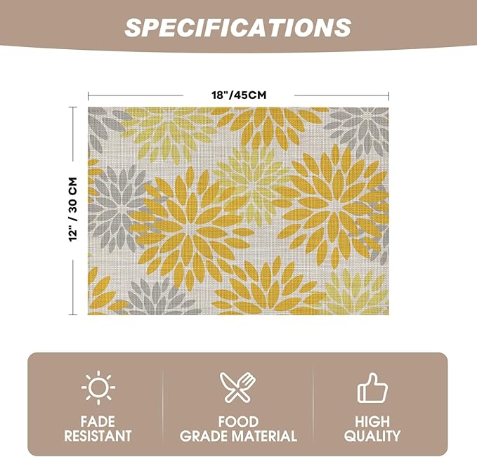 Artoid Mode Floral Plastic Placemats Set of 4, 12x18 Inch Washable Non-Slip Plastic Vinyl Place Mats for Party Kitchen Dining Decor, Yellow