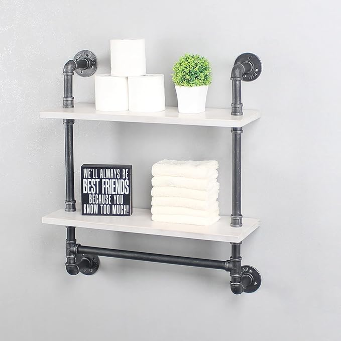 Iron Pipe Shelves, 2 Tier Industrial Bathroom Shelves with Towel Bar, Rustic Metal Pipe Wall Shelf, 24in - Retro White